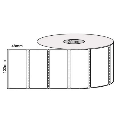 102x48mm-White Direct Thermal Perforated Labels, Permanent Adhesive, 25mm Core 1000/Roll