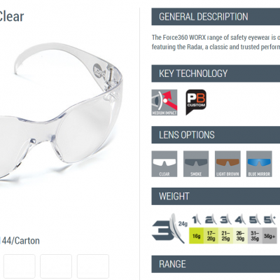 FORCE 360 RADAR SAFETY GLASSES CLEAR LENS 12 PAIRS/PACK